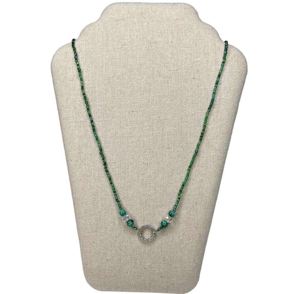 Beaded Necklace Green and Silver Tone Long Necklace Handmade